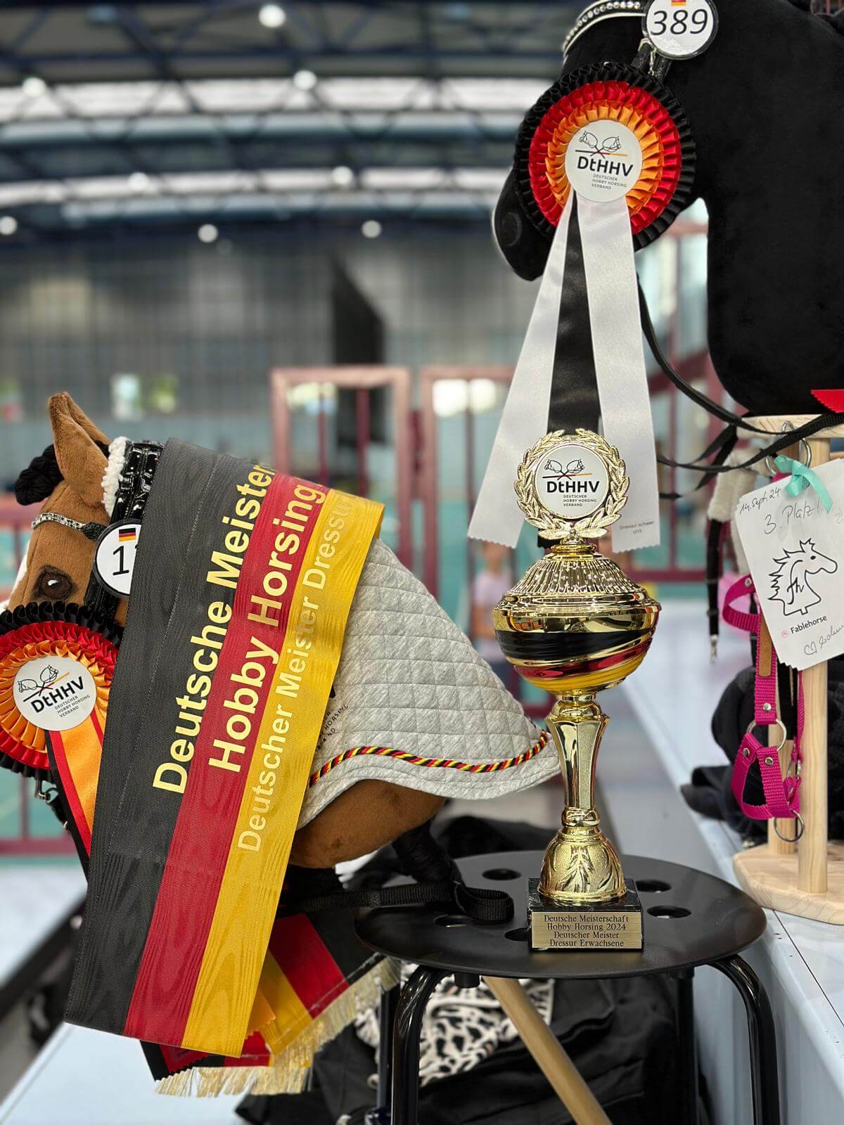 Hobby Horses tentoongesteld met Duitse kampioenschapslinten, rozetten en een gouden trofee
