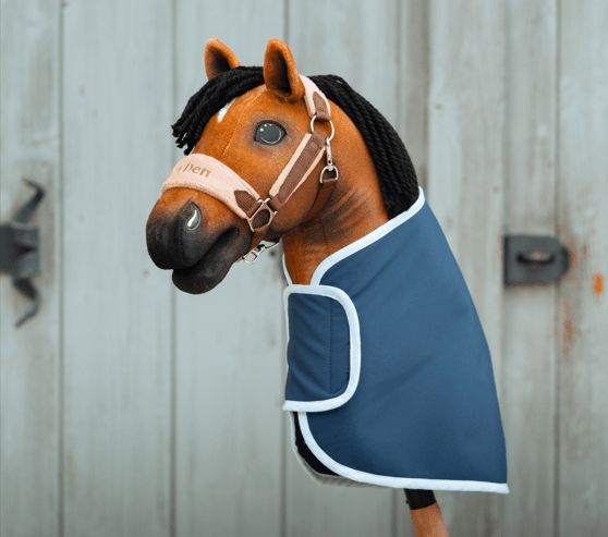 LarDen Hobby Horse wearing a blue blanket with white trim and a halter