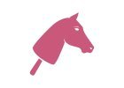Eenvoudig roze silhouet van een paardenhoofd op een stok, lijkend op een klassiek speelgoed-Hobby Horse, op een witte achtergrond.