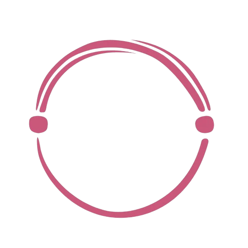 Een eenvoudige roze cirkelvormige lijn met aan beide kanten twee stippen en bovenaan twee gebogen lijnen, op een effen witte achtergrond.