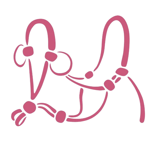 Minimalist line drawing of a horse’s head in pink, created using simple curved lines and rounded shapes to suggest the animal’s features and a halter, on a plain white background.