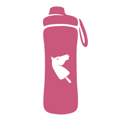 Een roze waterfles met een band, met op de voorkant een witte afbeelding van een ijslolly met een paardenhoofd.
