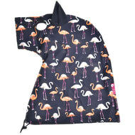 The Hobby Horse LarDen Protective Suit Lycra Flamingo is a navy blue hooded cape or blanket with white and orange flamingos, soft lycra fabric, small ear detail on the hood, and an adjustable drawstring at the bottom.