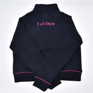 The Hobby Horse LarDen LarDen Sweatshirt is a black long-sleeve top with chic pink piping at the cuffs and hem and pink lettering on the back, shown laid flat with crossed sleeves for a modern look.