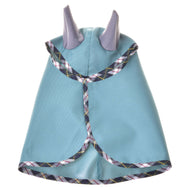 The Summer raincoat Emerald by Hobby Horse LarDen is a teal softshell cape with plaid trim and two upright, light purple horn-like shapes on top—shown flat from the back, it's the perfect finishing touch for your Hobby Horse costume.