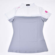 The T-Shirt LarDen Premium by Hobby Horse LarDen is a women's cycling sports top with a white upper, light gray bottom, pink text on the left sleeve, and a pink heart graphic. Made from Spandex with a short front zipper for comfort and flexibility.
