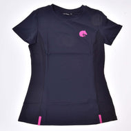 The Hobby Horse LarDen T-Shirt LarDen Active Black is a short-sleeved, fitted sports tee in black with pink accents, a pink horse head logo on the left chest, and two pink tabs near the hem. Made from soft spandex, shown laid flat on white.
