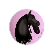 A round sticker from the Set Stickers 5 by Hobby Horse LarDen features a black hobby horse with bridle and braided mane on a pink background, with "LarDen" in red on the right side of the circle.