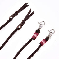 The Hobby Horse LarDen Split Western Reins Kansas are brown braided reins with leather ends and sturdy snap hooks wrapped in pink, displayed on a white background.