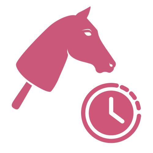 A pink horse head on a stick next to a pink clock icon with dashed lines, all on a light background.