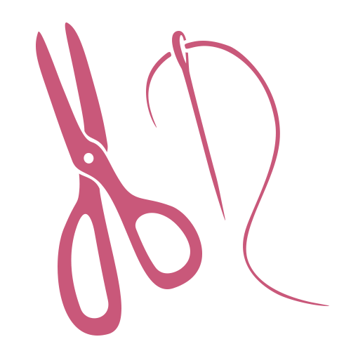Pink silhouette of an open pair of scissors next to a sewing needle threaded with pink thread on a light gray background.