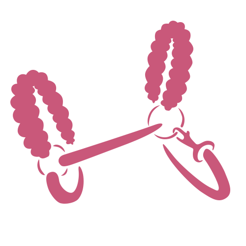 A simple pink illustration of a horse bit with braided reins attached to both sides, shown on a plain white background.