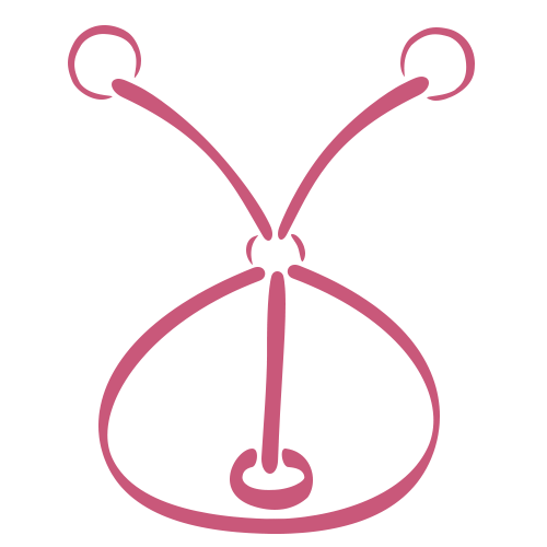 Simple pink line drawing of a butterfly with rounded wings and antennae, created with smooth, curved lines on a light gray background.
