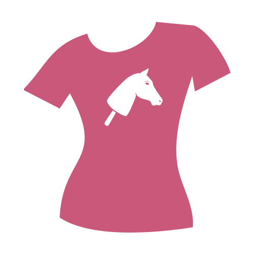 A pink fitted T-shirt with a white graphic of a horses head on a stick, resembling a toy hobby horse, centered on the chest.