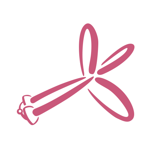 Simple pink line drawing of a dragonfly with four elongated wings and a small head, on a light gray background.