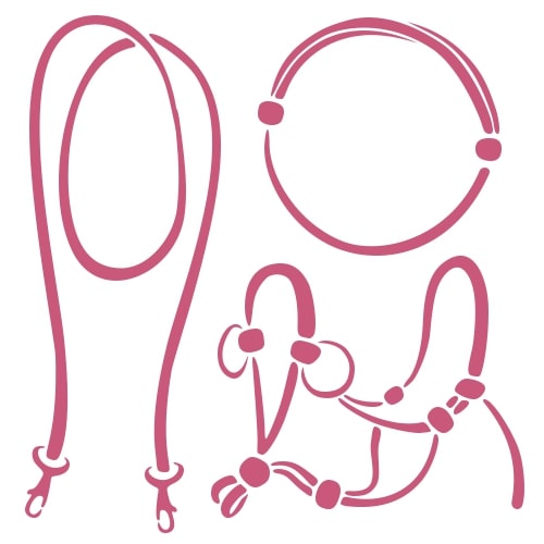 Simple pink line drawings of a lead rope, a neck rope, a side pull bridle, and a rope halter, each shown separately on a white background.