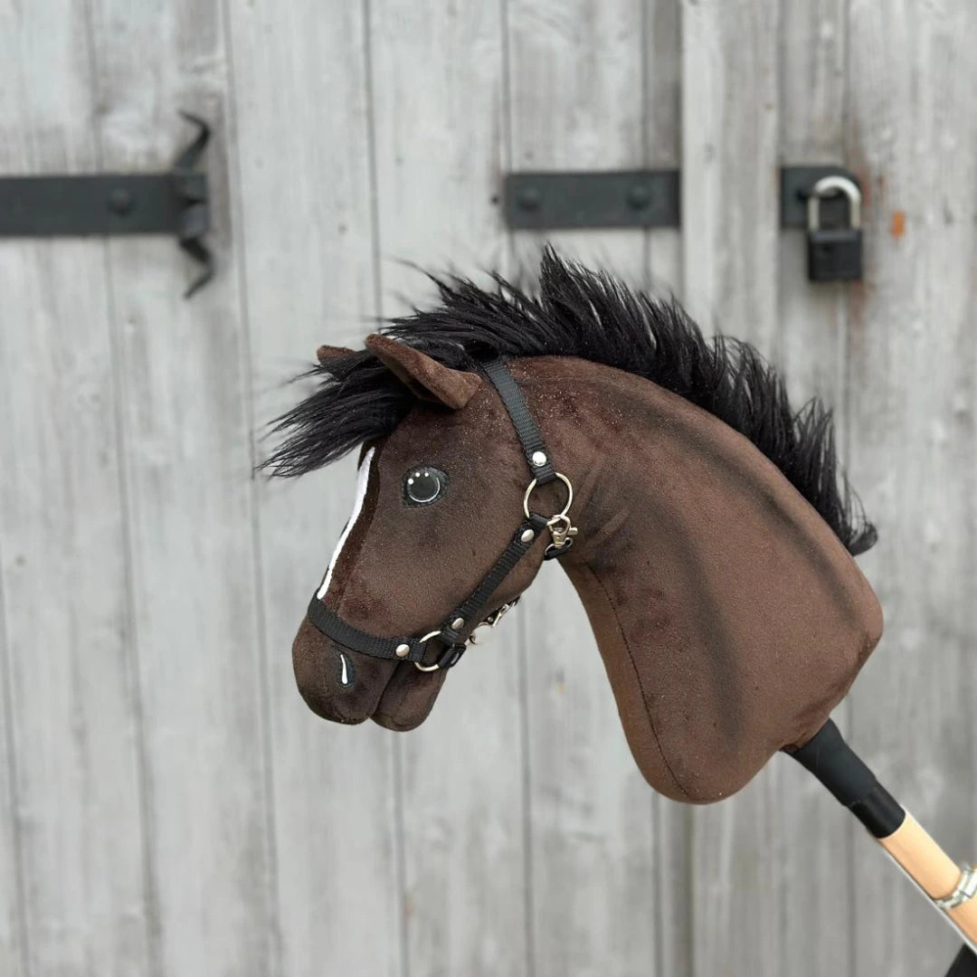 Hobby Horse Lucas met zwart halster van Hobby Horse LarDen, afgebeeld voor een grijze houten deur met zwarte metalen scharnieren en een grendel.