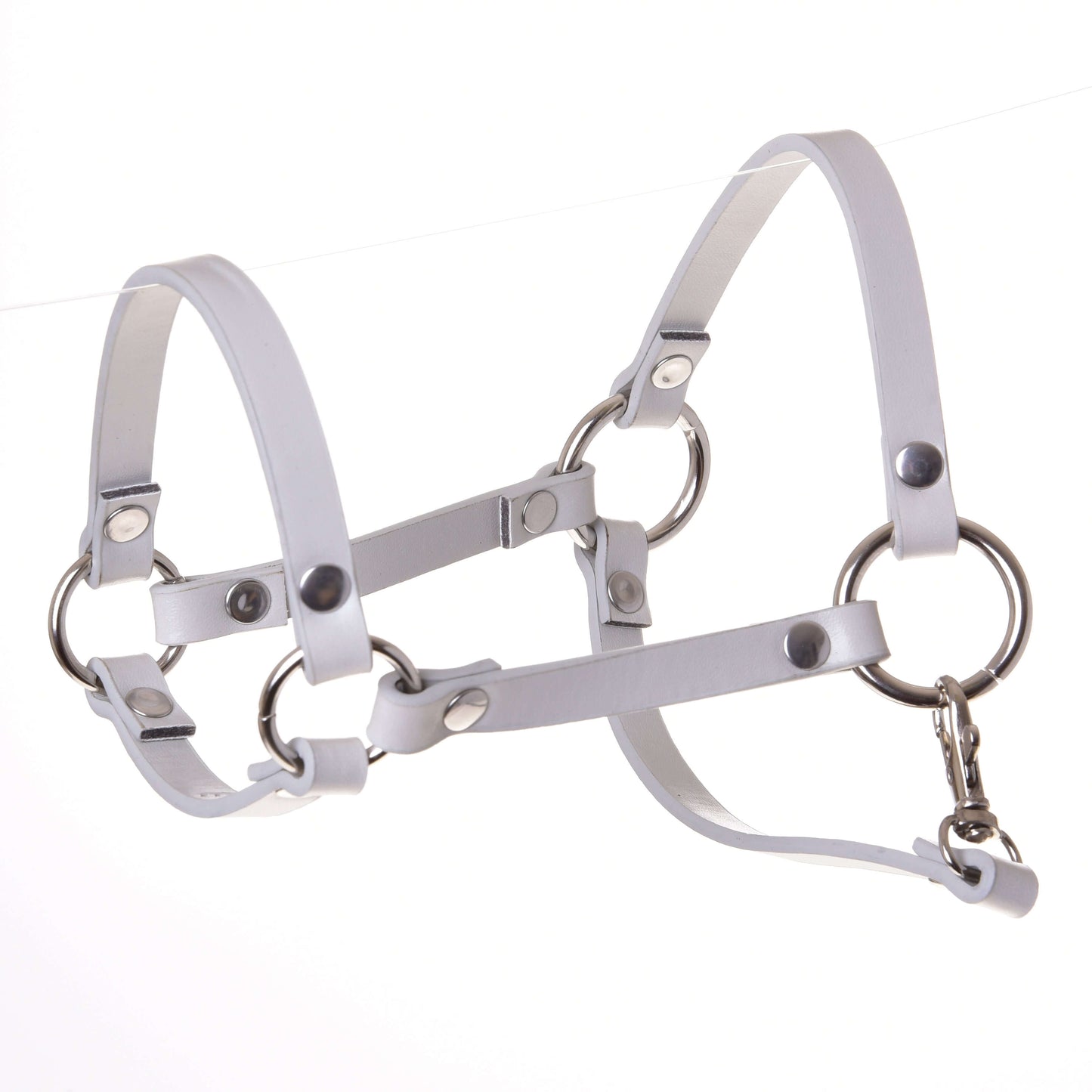The Halter - light grey leatherette (size S) by Hobby Horse LarDen features metal rings and rivets for a bold look, perfect as a hobby horse accessory. Displayed on a plain white background.