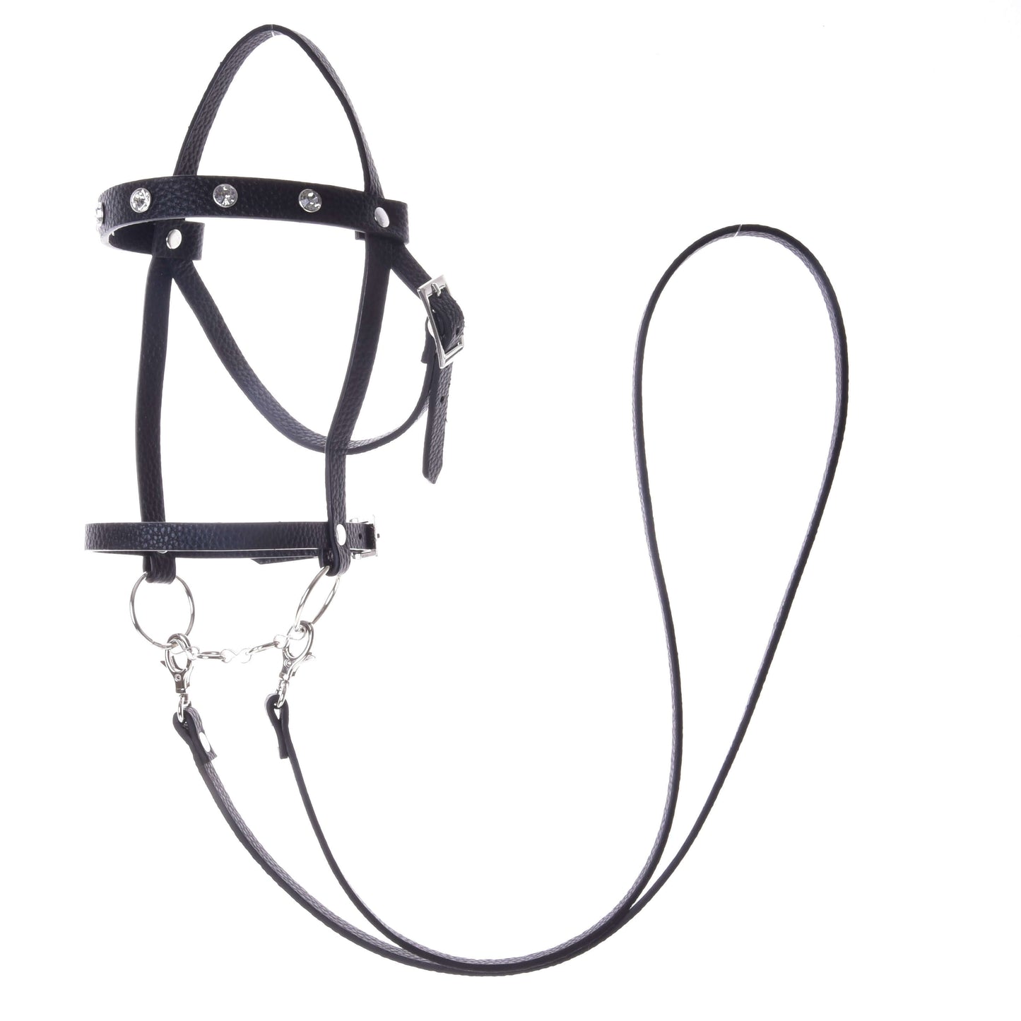 Compleet zwart hoofdstel met diamanten van Hobby Horse LarDen, getoond tegen een witte achtergrond. Het heeft sprankelende diamantaccenten, stevige metalen ringen en gespen en een stijlvol Engels neusriem.