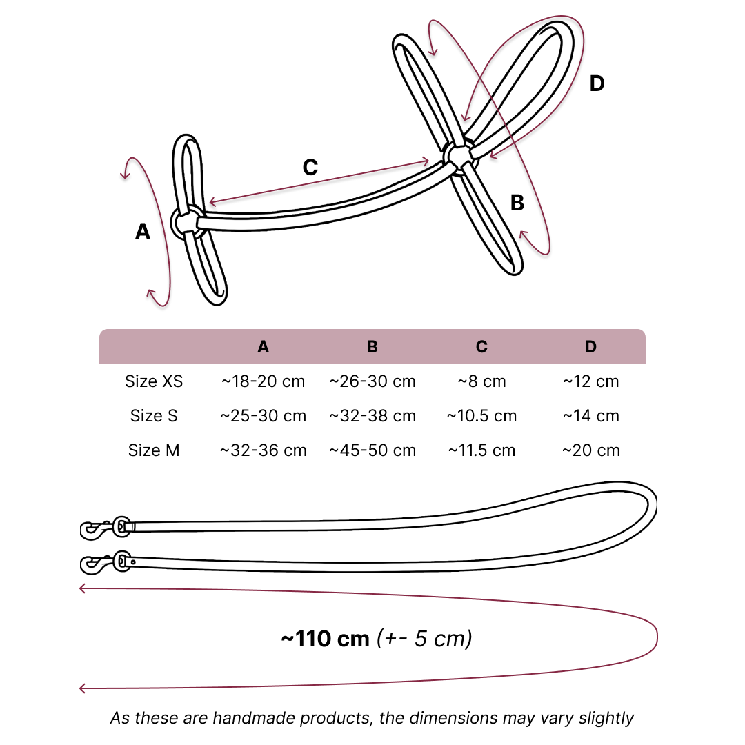 Diagram met een ballondier met gelabelde afmetingen (A, B, C, D) en een tabel met geschatte maten voor XS, S en M in centimeters. Daaronder staat een lijn, ideaal voor Hobby Horse of Hobby Horsing, met een lengte van ongeveer 110 cm plus of min 5 cm.