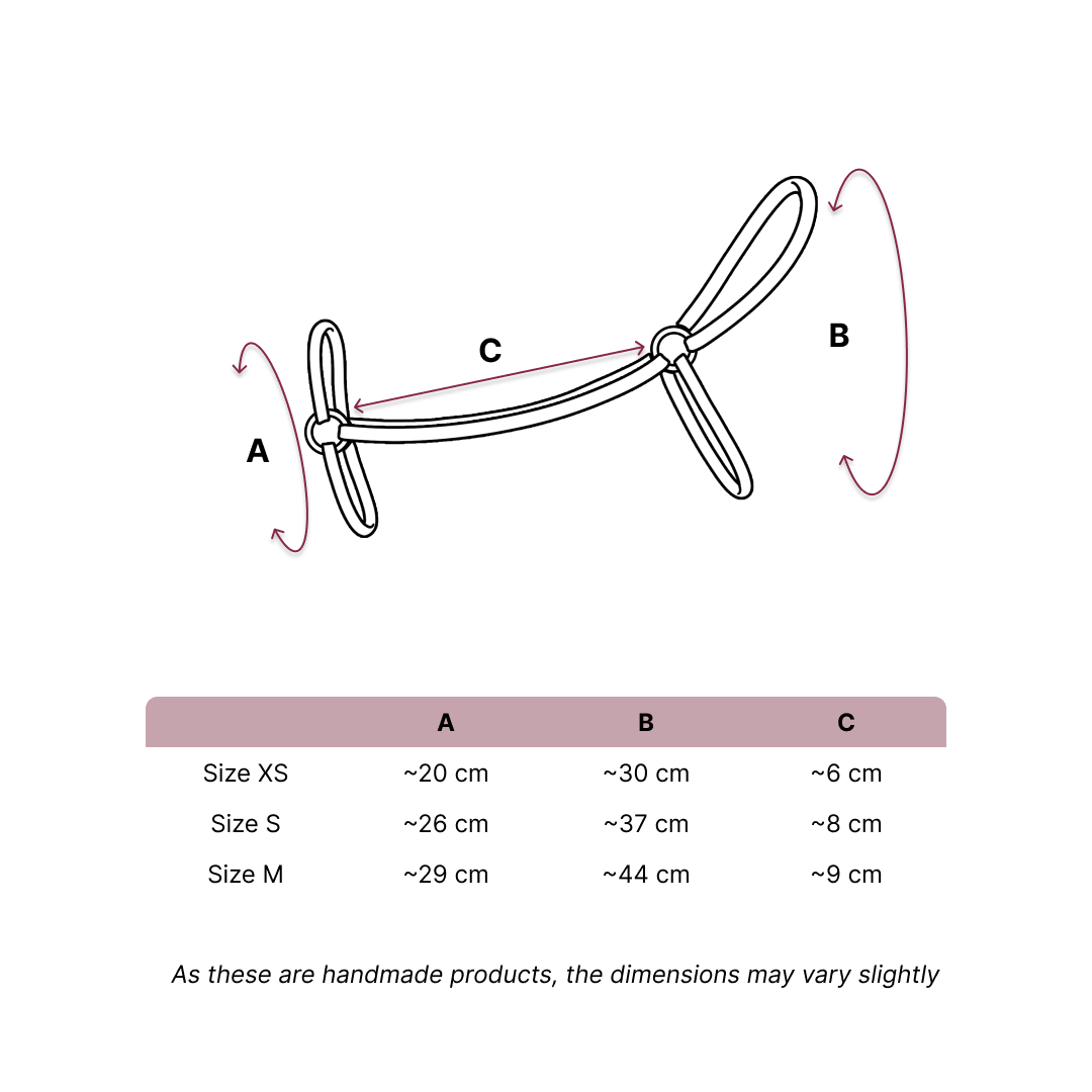 Diagram van een ballondier met pijlen en labels voor A (hoogte), B (lichaamslengte) en C (neklengte), geïnspireerd op Hobby Horsing. Daaronder staat een maattabel met XS-, S- en M-maten voor Hobby Horse voor A, B en C in centimeters.