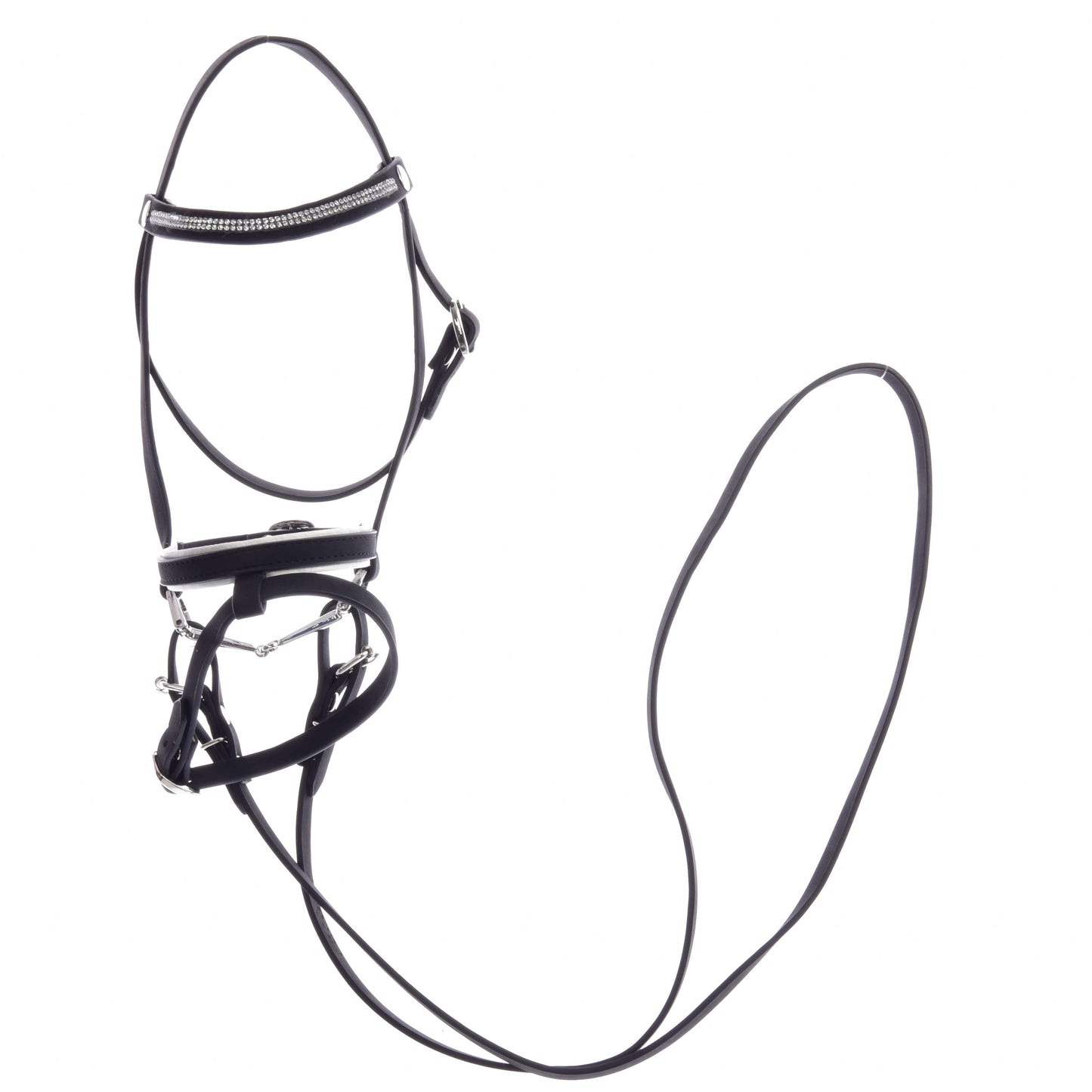 Complete De Luxe hoofdstel met 2 frontriemen van Hobby Horse LarDen met zwart leer, zilverkleurige fournituren, een verhoogde gevoerde afneembare frontriem en een gecombineerde neusriem, weergegeven op een witte achtergrond.