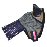 The Fly Mask De Luxe Mona by Hobby Horse LarDen is a brown and black mesh horse ear bonnet with navy blue fringe and a pink LeMieux tag, ideal as a fly mask or for Hobby Horse activities.