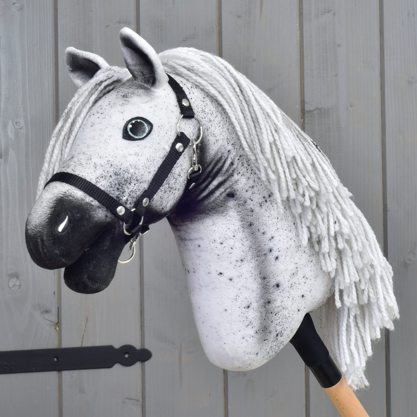 Hobby Horse Naivy met zwart halster - maat S van Hobby Horse LarDen, met een grijs-wit Appaloosa-ontwerp, een zwart halster en manen van garen, gemonteerd op een houten stok tegen een grijze houten wand.