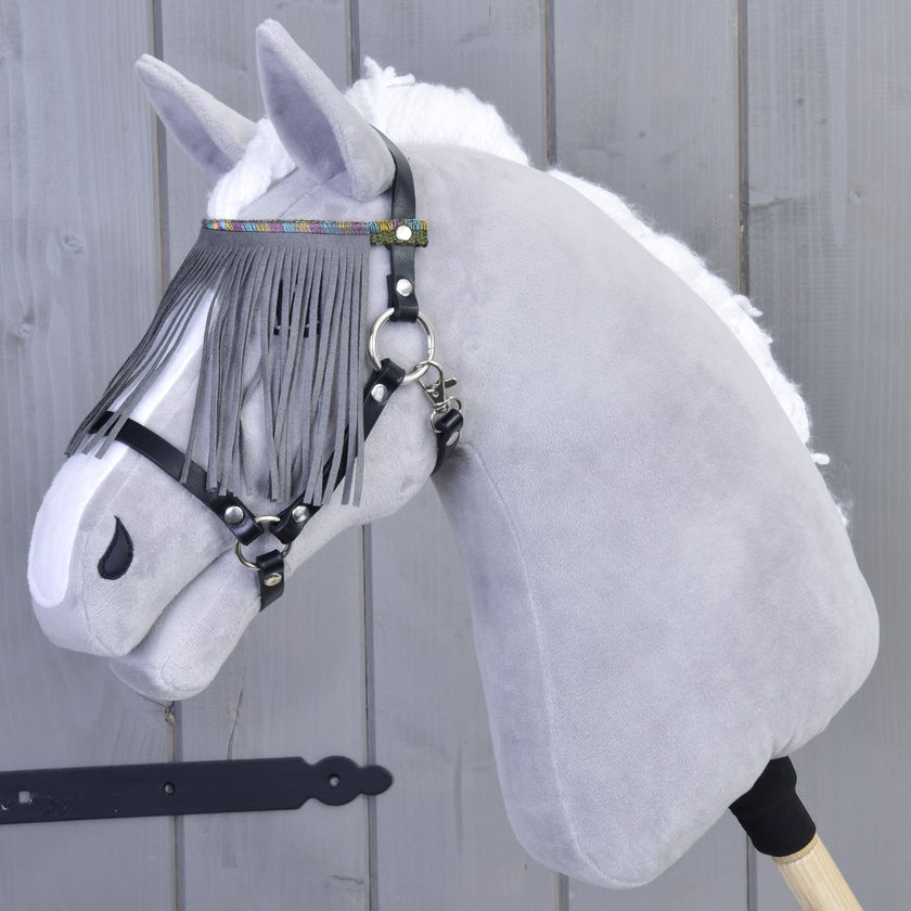 Halster zwart met grijze franjes