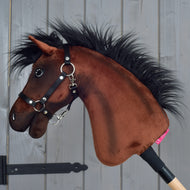 Hobby Horse Roger in side view, brown plush Hanoverian with black mane and halter