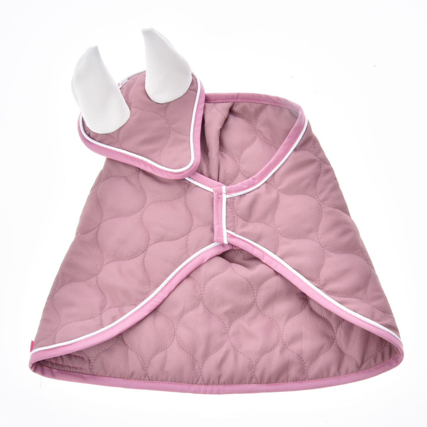 The Hobby Horse LarDen Set Dusty Rose features a quilted light purple pet cape with white trim and two soft white horns on a matching collar, resembling a whimsical ear bonnet. Shown laid flat on a white background.
