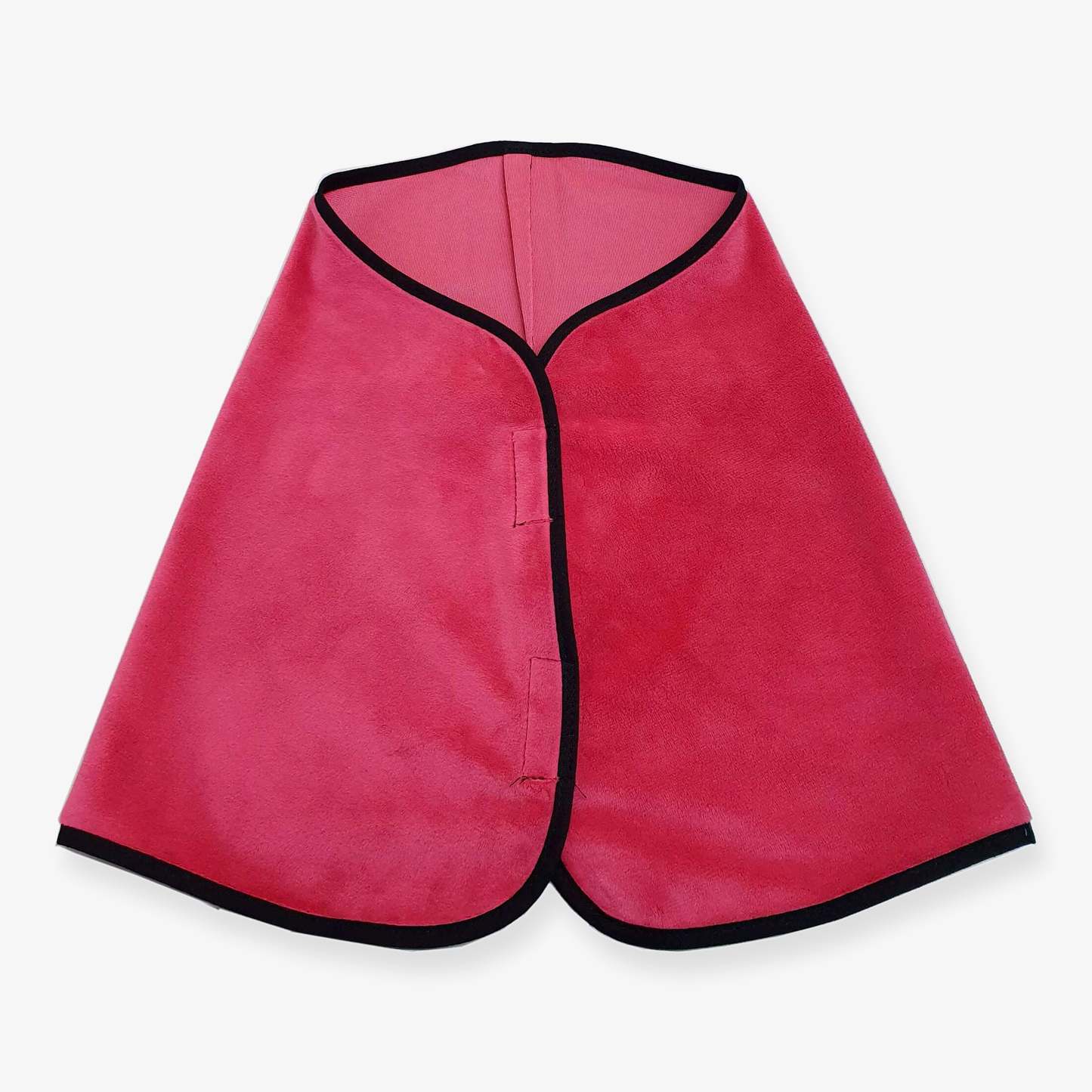 The Blanket Raspberry by Hobby Horse LarDen is a cape-shaped raspberry pink microfiber hair towel with black trim, shown flat on a white background. Inspired by horse blankets, it features a secure clasp closure for easy use.