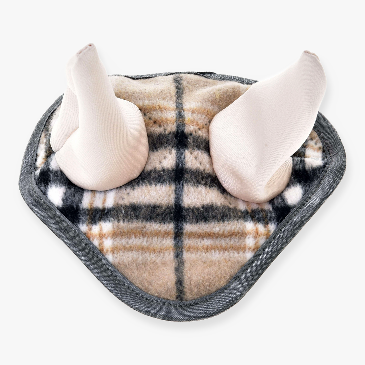 The Ear bonnet Cremo England by Hobby Horse LarDen is a soft plaid fabric pouch featuring two plush, light-colored stuffed animal legs extending from the top, resembling a hobby horse, shown on a white background.