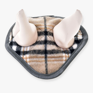 The Ear bonnet Cremo England by Hobby Horse LarDen is a soft plaid fabric pouch featuring two plush, light-colored stuffed animal legs extending from the top, resembling a hobby horse, shown on a white background.