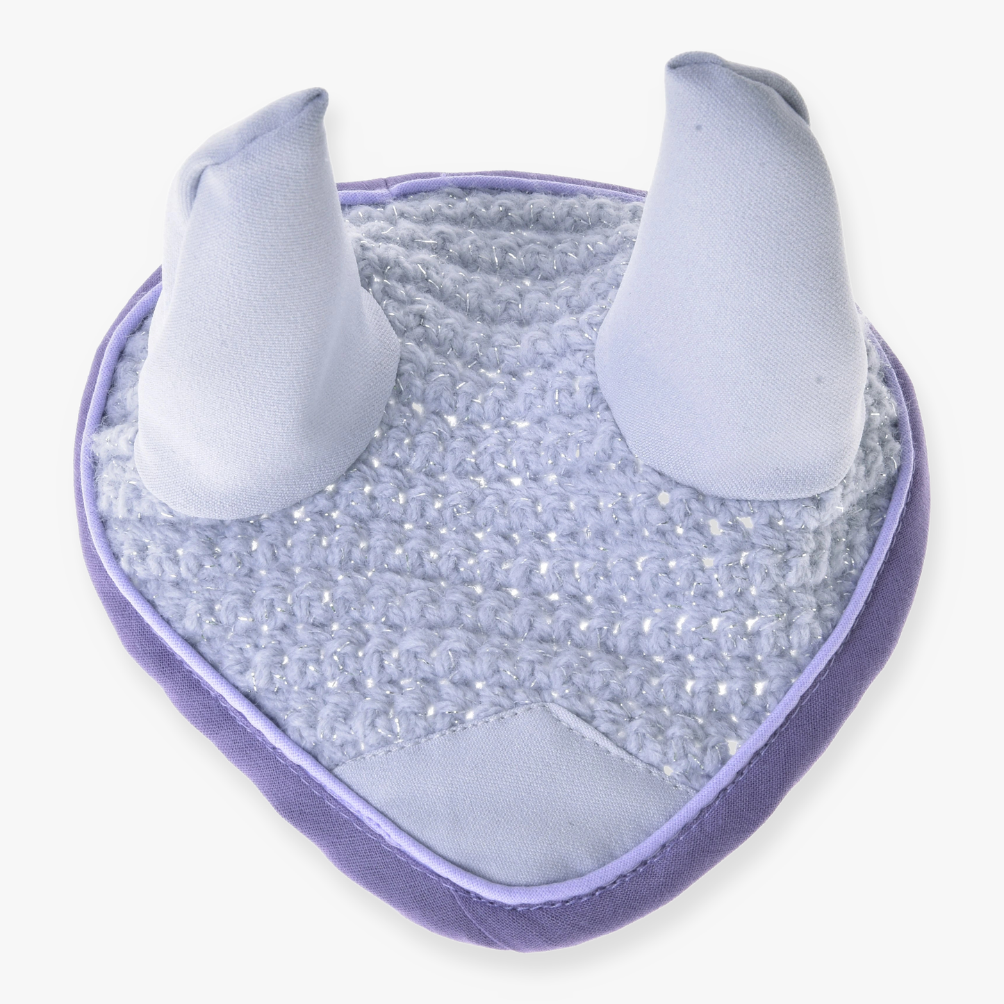 The Ear bonnet crocheted Candy by Hobby Horse LarDen is a light purple, heart-shaped fabric piece with two pointed, ear-like tops and a textured center—ideal for playful style and insect protection.