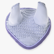 The Ear bonnet crocheted Candy by Hobby Horse LarDen is a light purple, heart-shaped fabric piece with two pointed, ear-like tops and a textured center—ideal for playful style and insect protection.