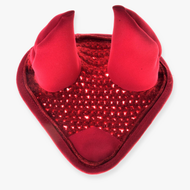 The Hobby Horse LarDen "Ear bonnet crocheted red" is a red heart-shaped headband with two soft, upright devil horns and a sparkly sequined center, inspired by a crocheted design, shown on a white background.