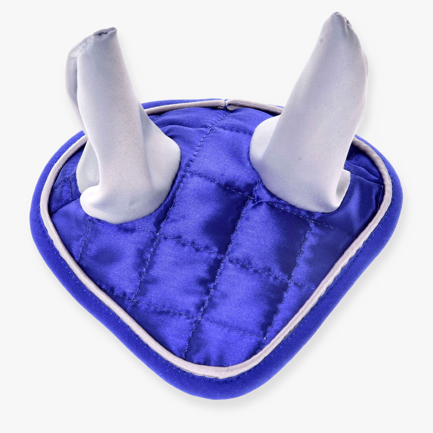 Oornetje DeLuxe blauw van Hobby Horse LarDen, een blauw gewatteerd stoffen item met twee rechtopstaande grijze stoffen punten, weergegeven op een witte achtergrond.