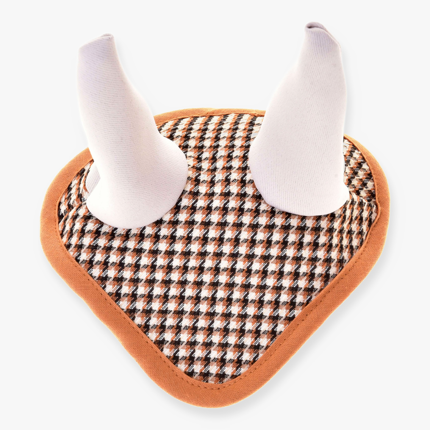 Oornetje engels bruin ruit van Hobby Horse LarDen met een bruin-wit ruitpatroon, twee witte kegelvormige oren en een lichtbruine rand, ideaal voor bescherming tegen insecten voor paarden.