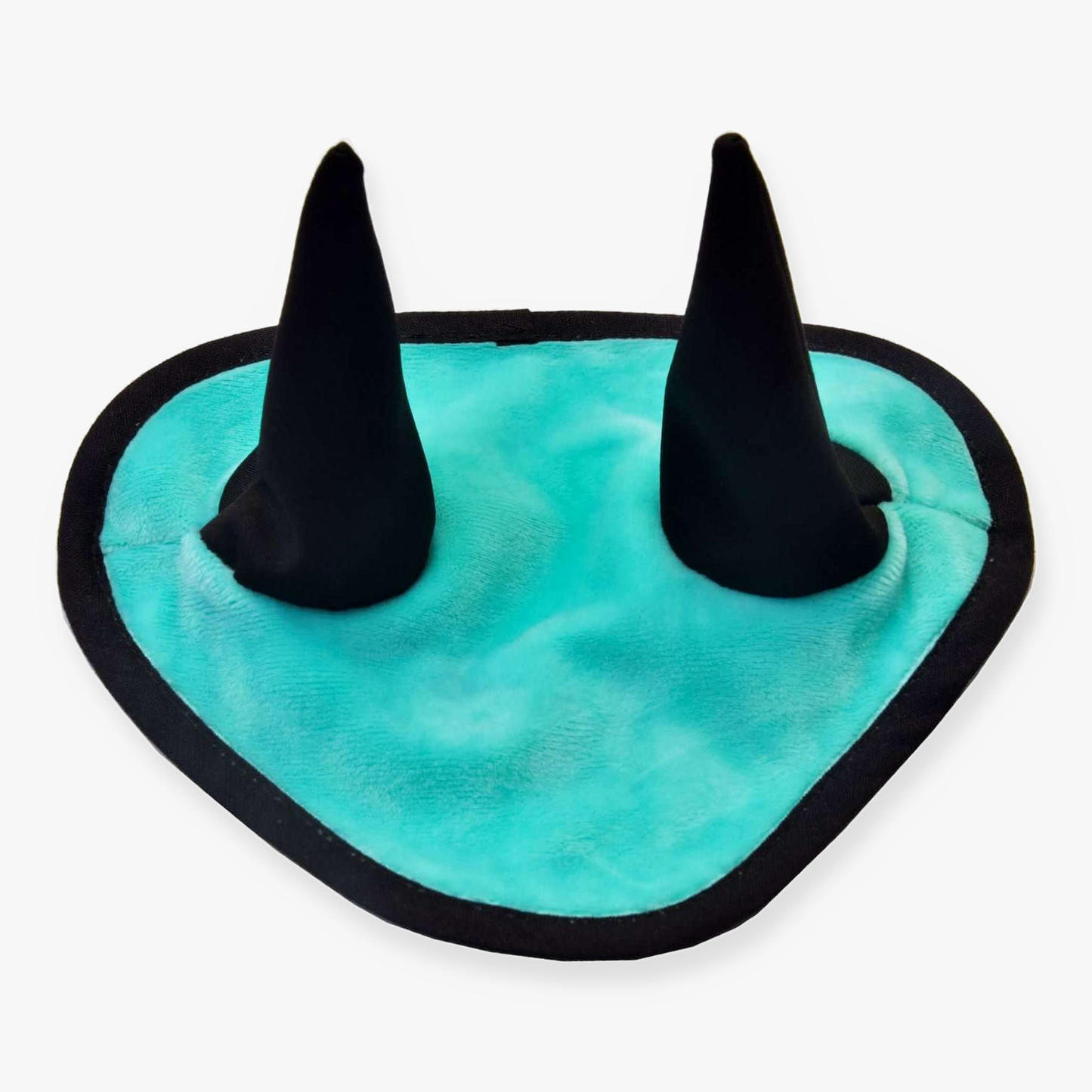 The Hobby Horse LarDen Ear Bonnet Mint features a turquoise and black triangular fabric pad with two upright, cone-shaped "ears"—ideal for use as a hobby horse ear bonnet or for fly protection.