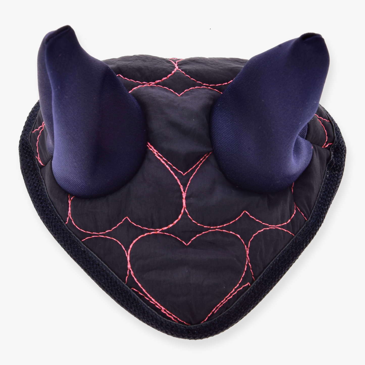The Hobby Horse LarDen Ear Bonnet Pink Heart is a dark, heart-shaped horse ornament with horn-like padded points and red stitching, resembling fly protection gear, shown from above on a white background.