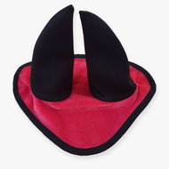 The Hobby Horse LarDen Ear Bonnet Raspberry is a red fabric triangle with a black border and two upright black horns, designed as a costume accessory.