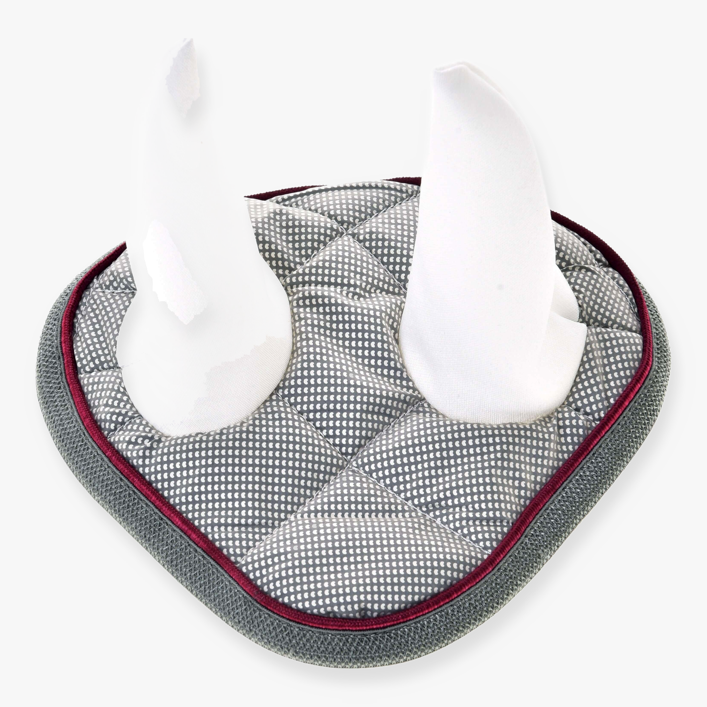 The Hobby Horse LarDen Ear Bonnet Silver Eleganza is a gray quilted pad with maroon trim and two white upright ears, offering stylish insect protection for hobby horse play.
