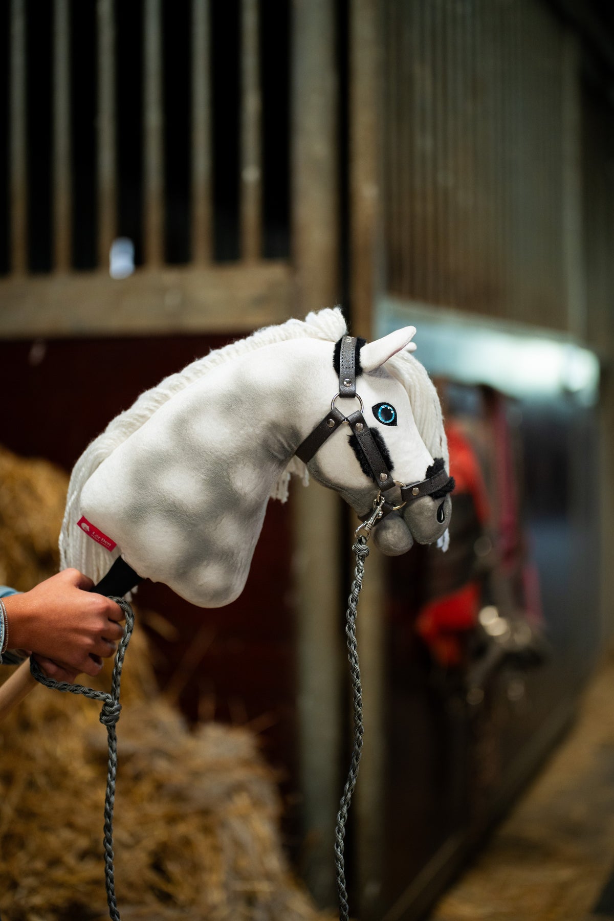 Detailfoto: de omhooggehouden kop van de Hobby Horse Elektra met zwart Halster van Hobby Horse LarDen bij de stallen, met een paard met deken vaag erachter - wit gevlekt pluche, blauw oog, witte garenmane - hier getoond met het Graphite Full bonthalster van kunstleer en het gebreide Halstertouw