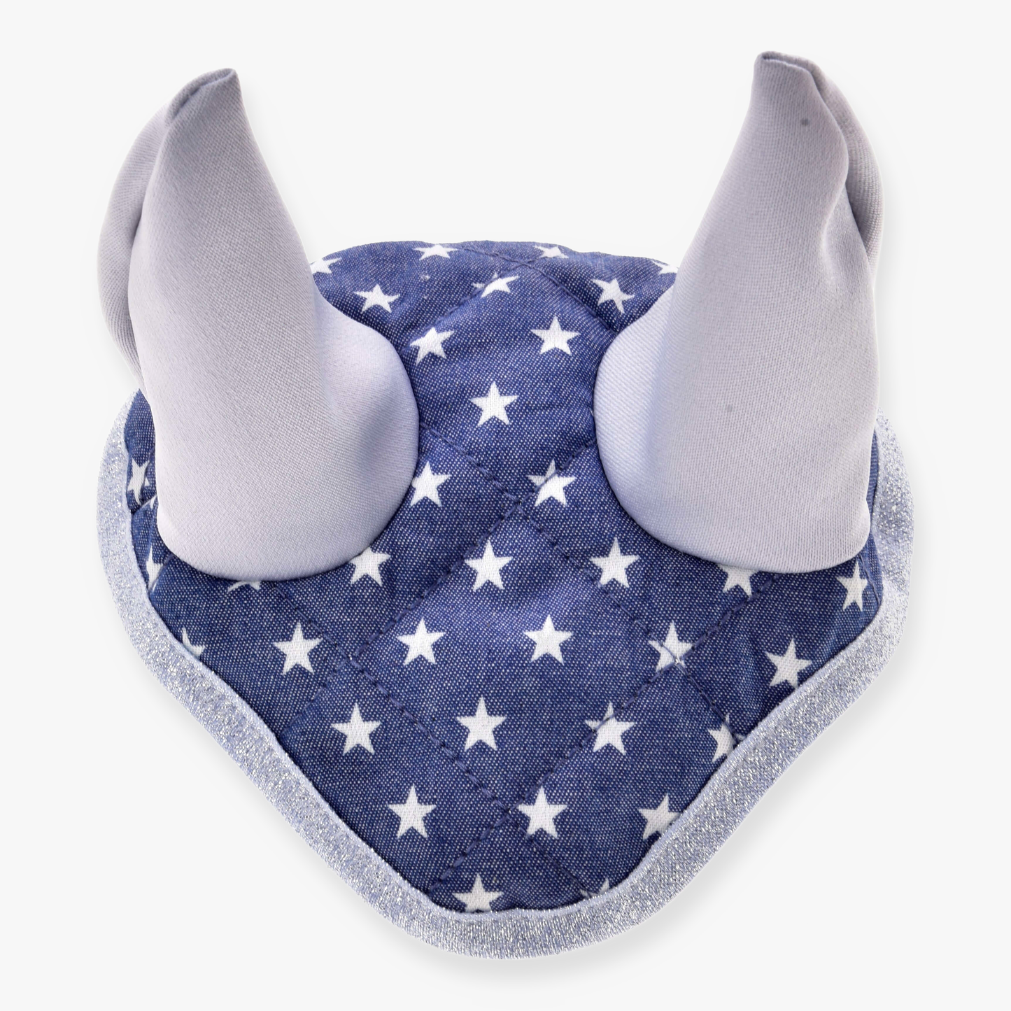 The Hobby Horse LarDen Ear Bonnet Star is a blue quilted fabric fly bonnet with white stars, two upright soft gray ears, and silver trim for horse protection.