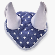 The Hobby Horse LarDen Ear Bonnet Star is a blue quilted fabric fly bonnet with white stars, two upright soft gray ears, and silver trim for horse protection.