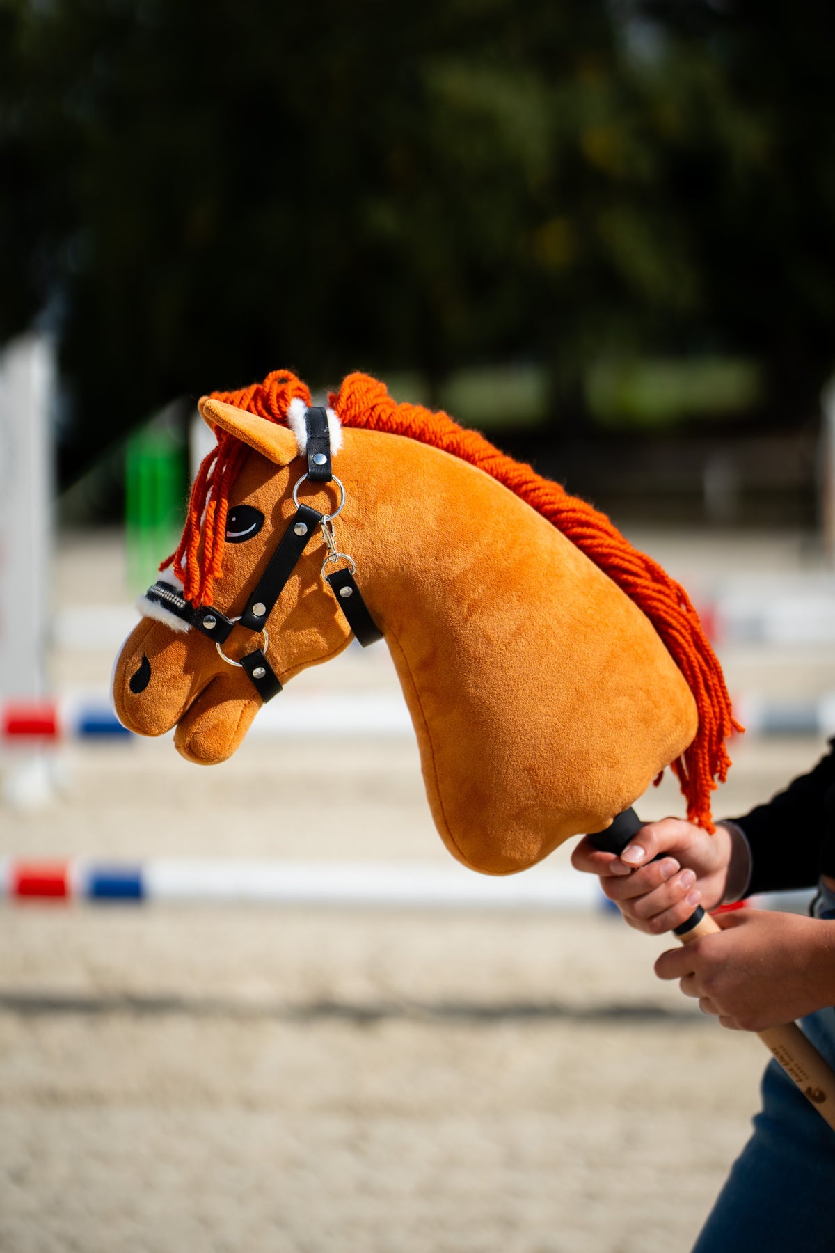 Detailfoto: de omhooggehouden kop en hals van de Hobby Horse Little Angel met zwart Halster van Hobby Horse LarDen op een zandpiste, met springbalken vaag op de achtergrond - voskleurig pluche, felrode garenmane - hier getoond met het Espresso bonthalster van kunstleer