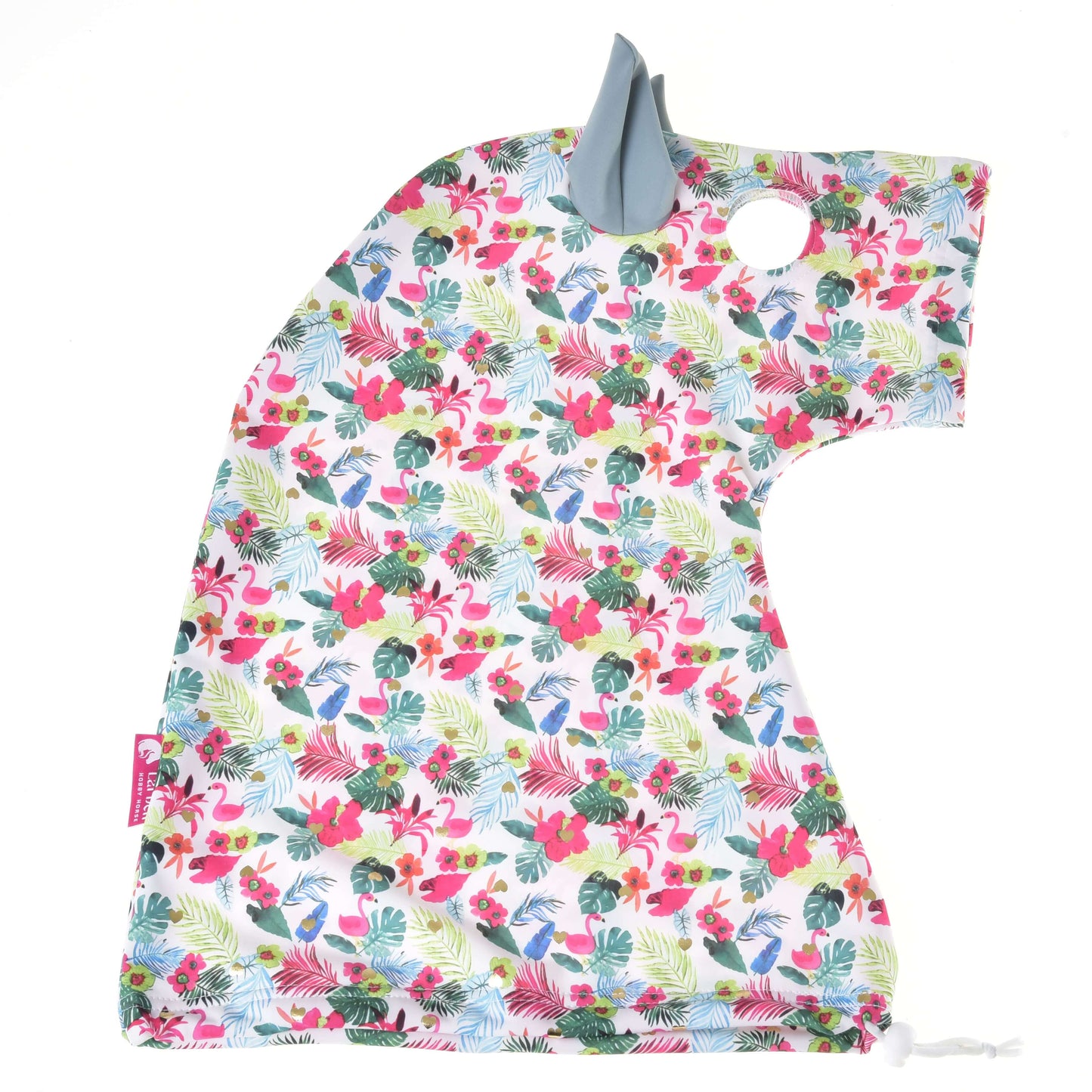 Hobby Horse beschermpak LarDen Star (Lycra) van Hobby Horse LarDen is een beschermpak met capuchon in unicorn-vorm en bloemenpatroon, met grijs oor en hoorn en felroze, groene en blauwe bladeren, en doet ook dienst als wasbare hoes voor Hobby Horse voor veelzijdig gebruik.