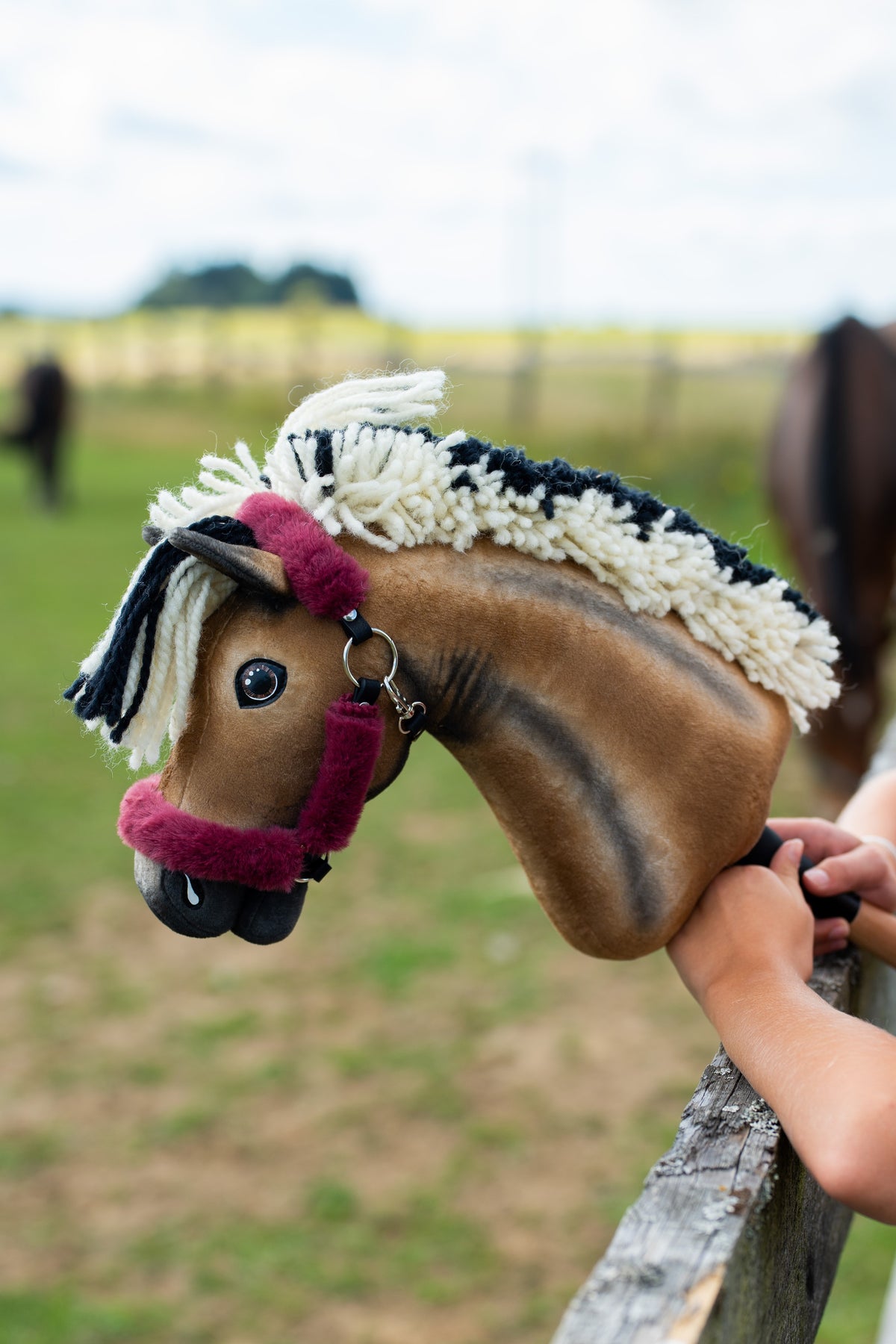 Hobby Horse Ozzy met bordeauxrood bonthalster op een houten hekbalk, echte paarden in de wei erachter