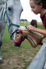 Lifestylefoto: een echt grijs paard laat zijn kop zakken naar Hobby Horse Ozzy met zwart Halster van Hobby Horse LarDen, vastgehouden door een meisje in een kastanjebruine top – bruine pluchen kop met donkere schakeringen, crèmekleurige en zwarte manen van garen – hier getoond met het met bont gevoerde Teddy Maroon-halster